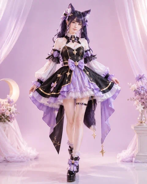 Person in a detailed black and purple costume with star accents on a light purple background