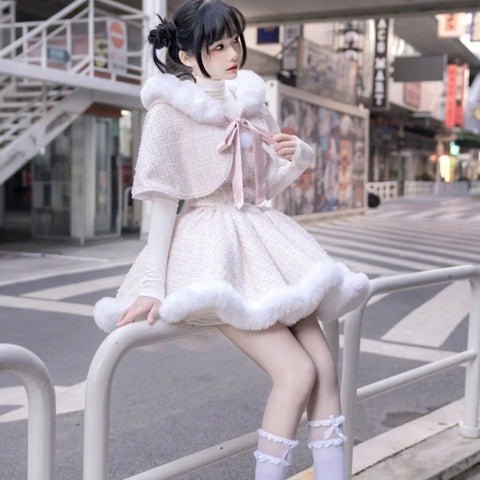 Pink Fur-Trim Hooded Cape Dress - All Dresses - Costume Dress - 1