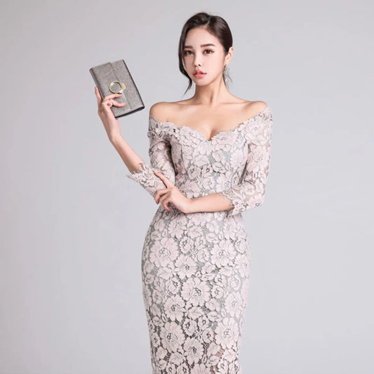 Elegant Lace V-Neck Slim Midi Dress - All Dresses - Midi Dress - 6