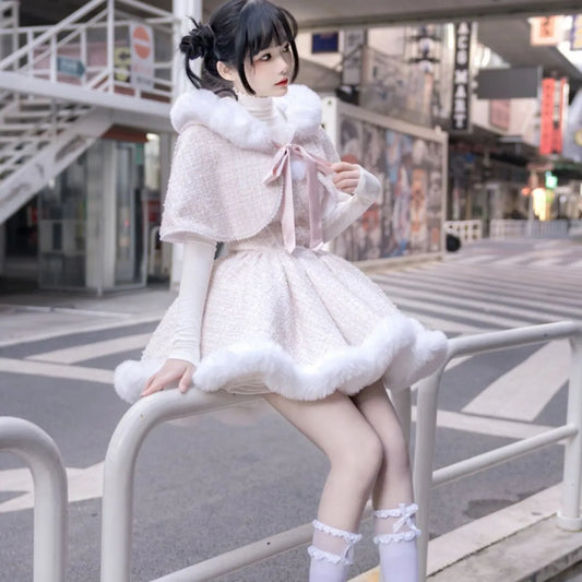 Pink Fur-Trim Hooded Cape Dress - All Dresses - Costume Dress - 6