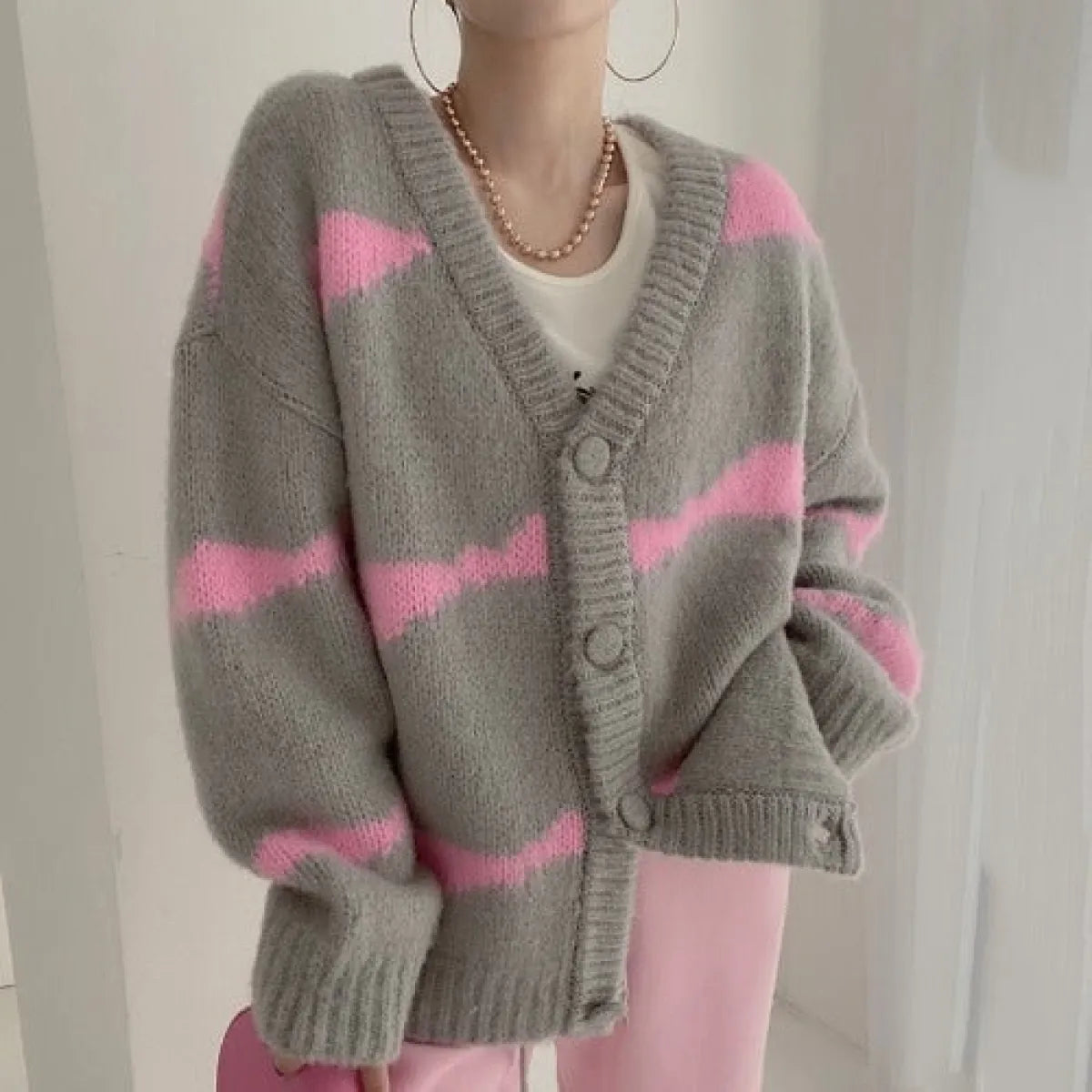 Striped Korean V-Neck Loose Cardigan Sweater - Best Sellers - Cardigan - 1