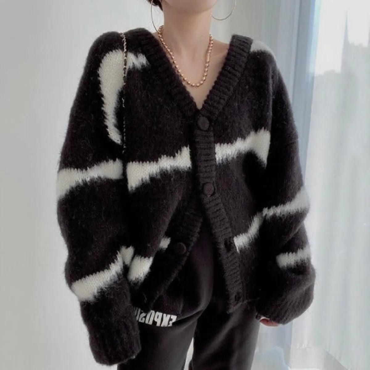 Striped Korean V-Neck Loose Cardigan Sweater - Best Sellers - Cardigan - 5