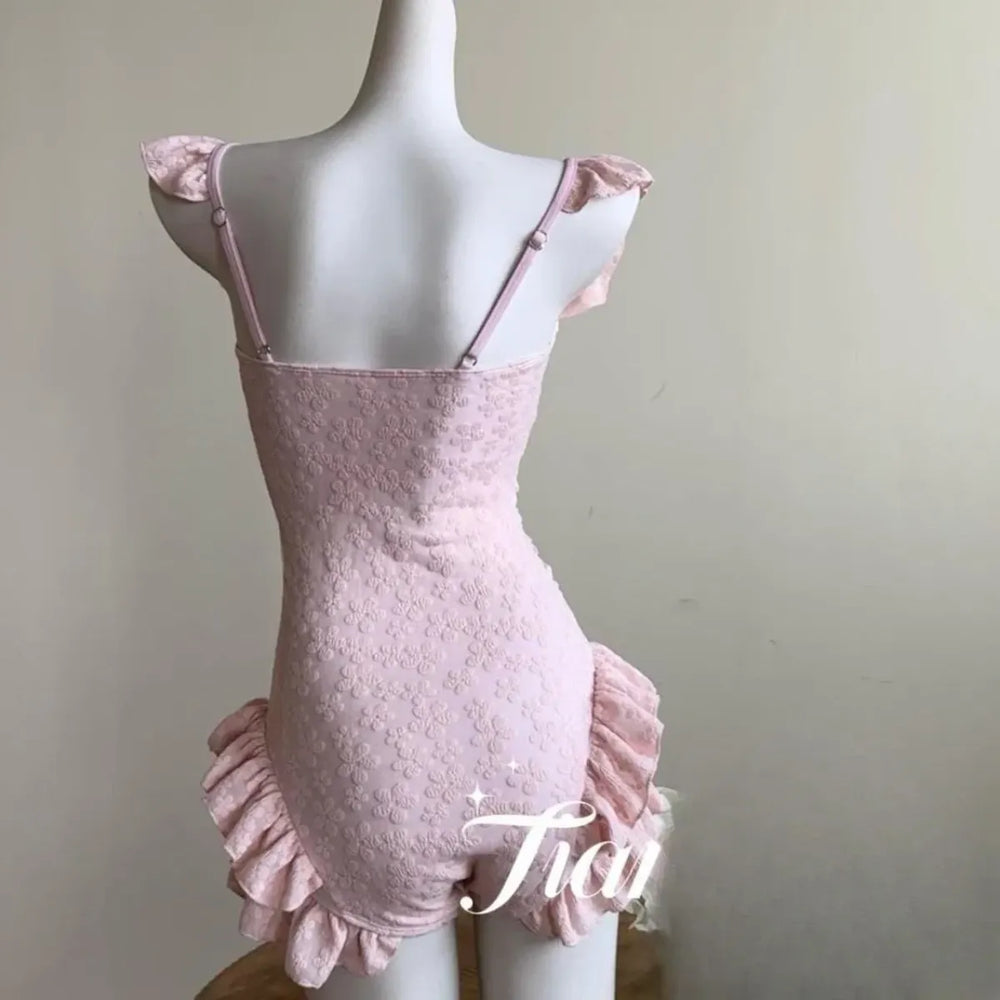 Pink Jacquard Bow Square Neck Swim Set - Best Sellers - Swimsuit / Bikini / One-Piece Swimwear - 1