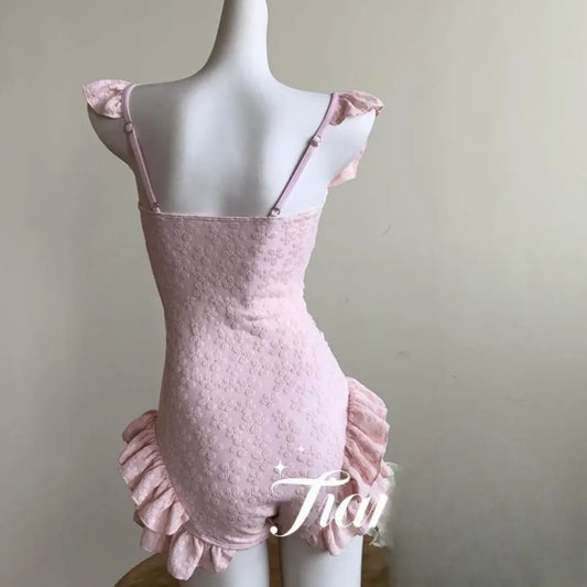 Pink Jacquard Bow Square Neck Swim Set - Best Sellers - Swimsuit / Bikini / One-Piece Swimwear - 1
