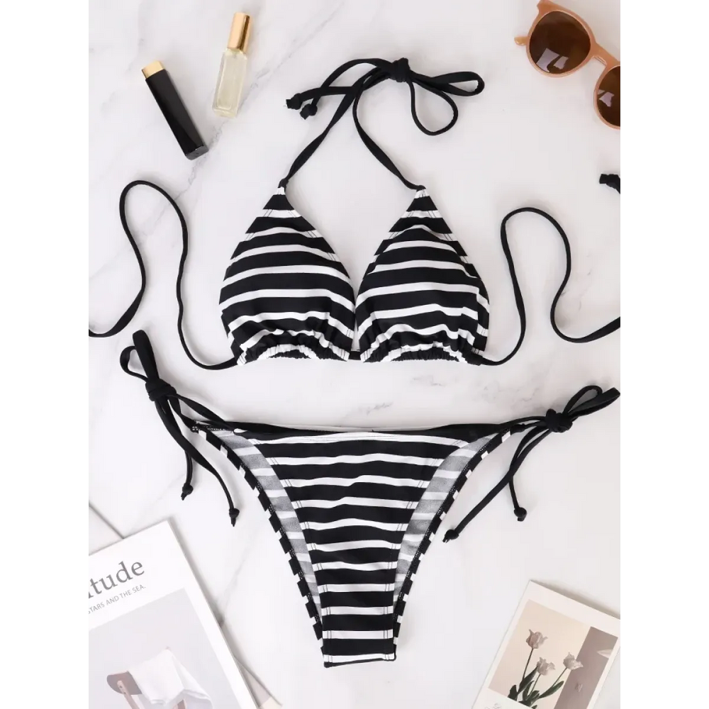 Black & White Striped Triangle Bikini Set - Best Sellers - Swimsuit / Bikini / One-Piece Swimwear - 1