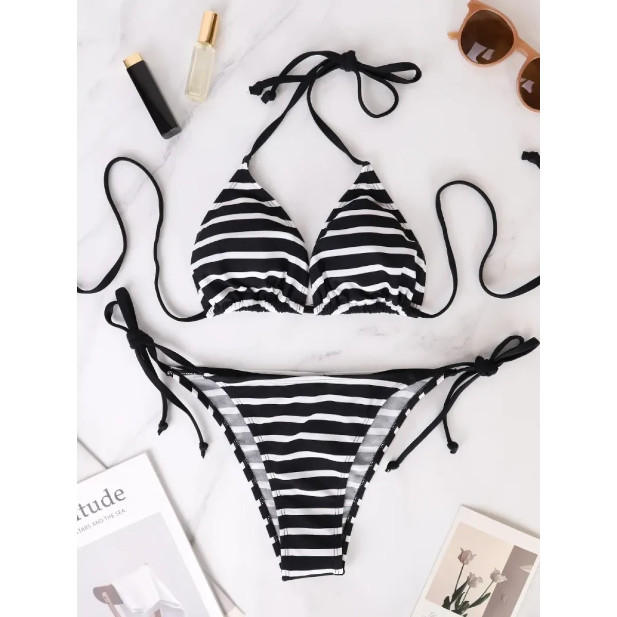 Black & White Striped Triangle Bikini Set - Best Sellers - Swimsuit / Bikini / One-Piece Swimwear - 1