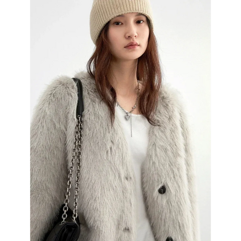 Korean V-Neck Plush Faux Fur Jacket - Best Sellers - Jacket - 1