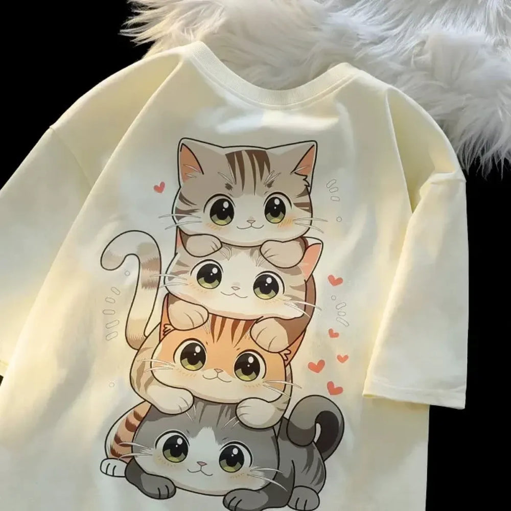 Cute Cartoon Cat Print Round Neck T-Shirt - Best Sellers - T-Shirt - 1