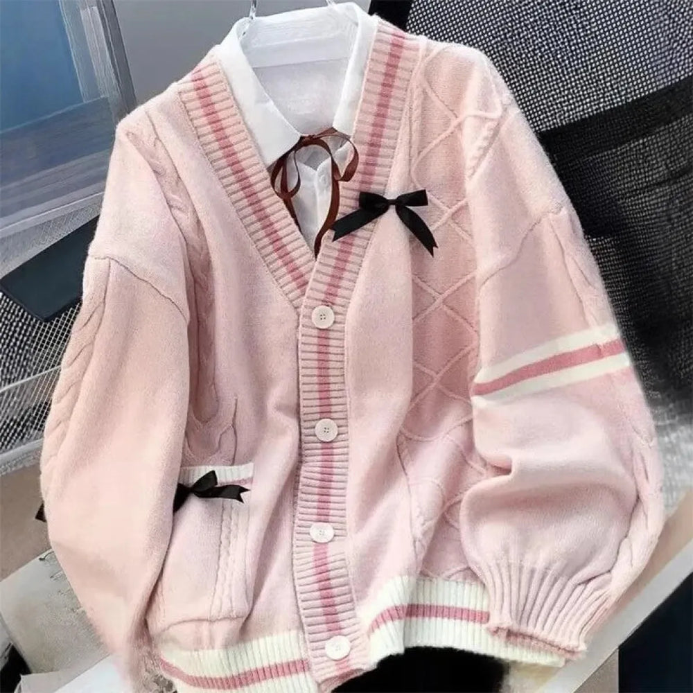 Sweet Bow Contrast V-Neck Preppy Cardigan - Best Sellers - Cardigan - 1