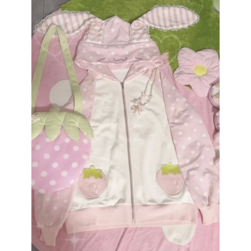Kawaii Rabbit Ear Lace Patchwork Zip Hoodie - Best Sellers - Hoodie - 1