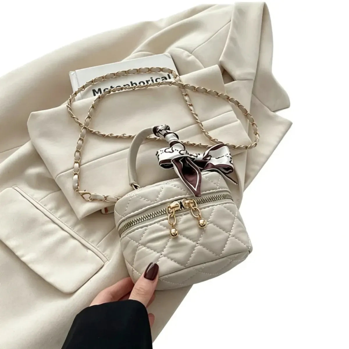 Quilted Scarf Bow Bucket Crossbody Bag - Accessories - Crossbody Bag - 1