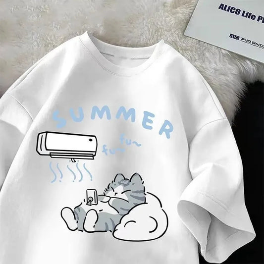 Japanese Cartoon Cat Print Loose T-Shirt - Best Sellers - T-Shirt - 2