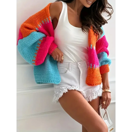 Rainbow Knit V-Neck Lantern Sleeve Cardigan - Best Sellers - Cardigan - 1