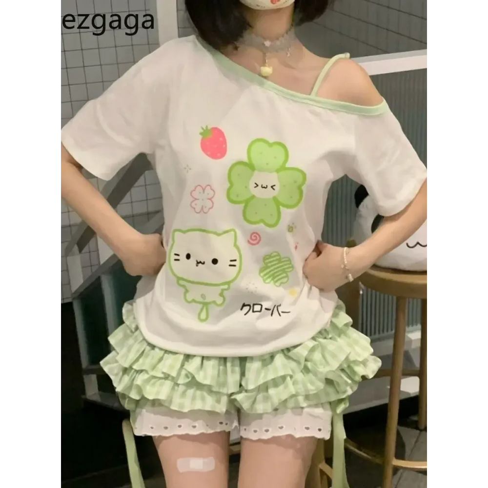 Harajuku Y2K Off Shoulder Cartoon T-Shirt - Best Sellers - T-Shirt - 1