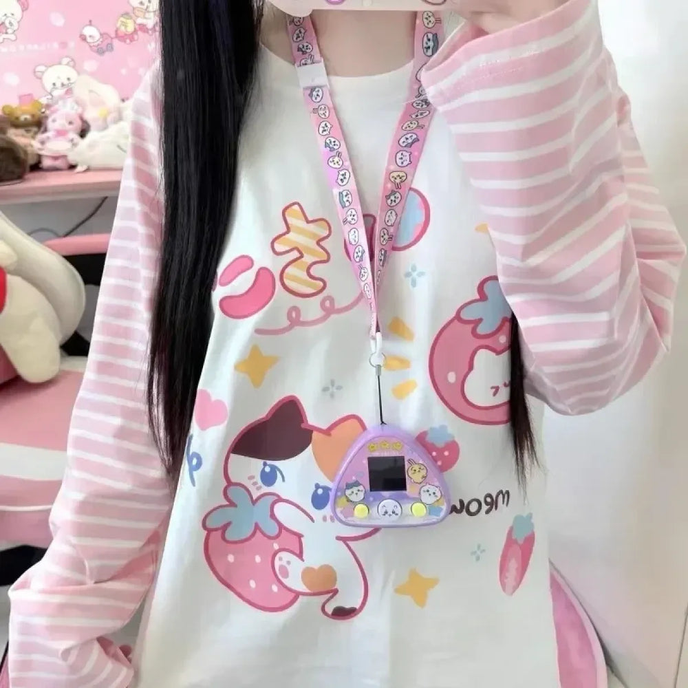 Pink Striped Cartoon Long Sleeve Graphic Tee - Best Sellers - T-Shirt - 1