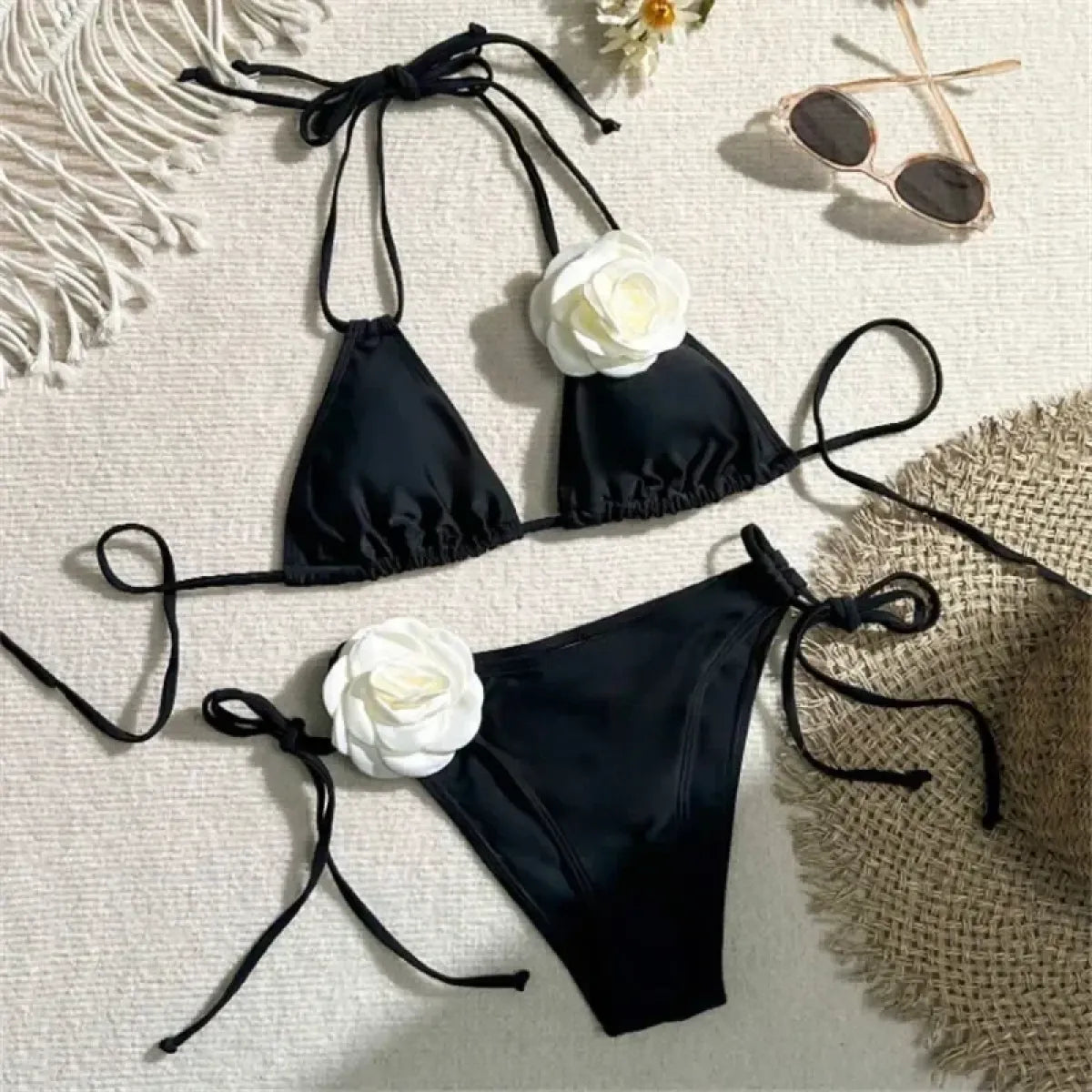 Black 3D Flower Triangle Bikini Set - Best Sellers - Swimsuit / Bikini / One-Piece Swimwear - 1