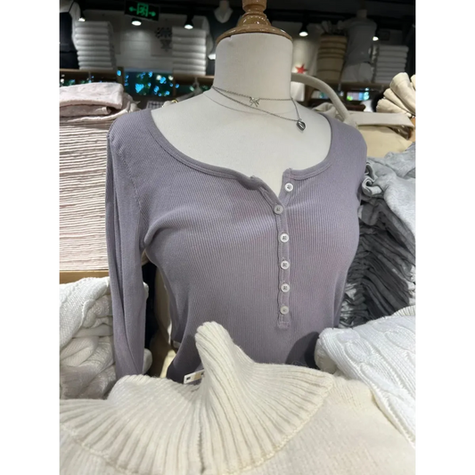 Six Button Ribbed Long Sleeve Slim Tee - Best Sellers - T-Shirt - 24