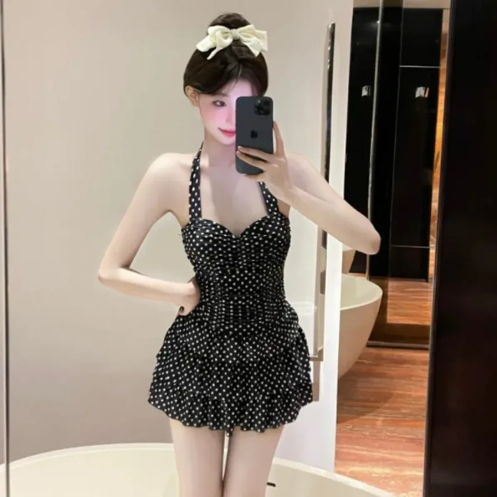 Beige Polka Dot Halter One-Piece Ruffle Swimsuit - Best Sellers - Swimsuit / Bikini / One-Piece Swimwear - 1