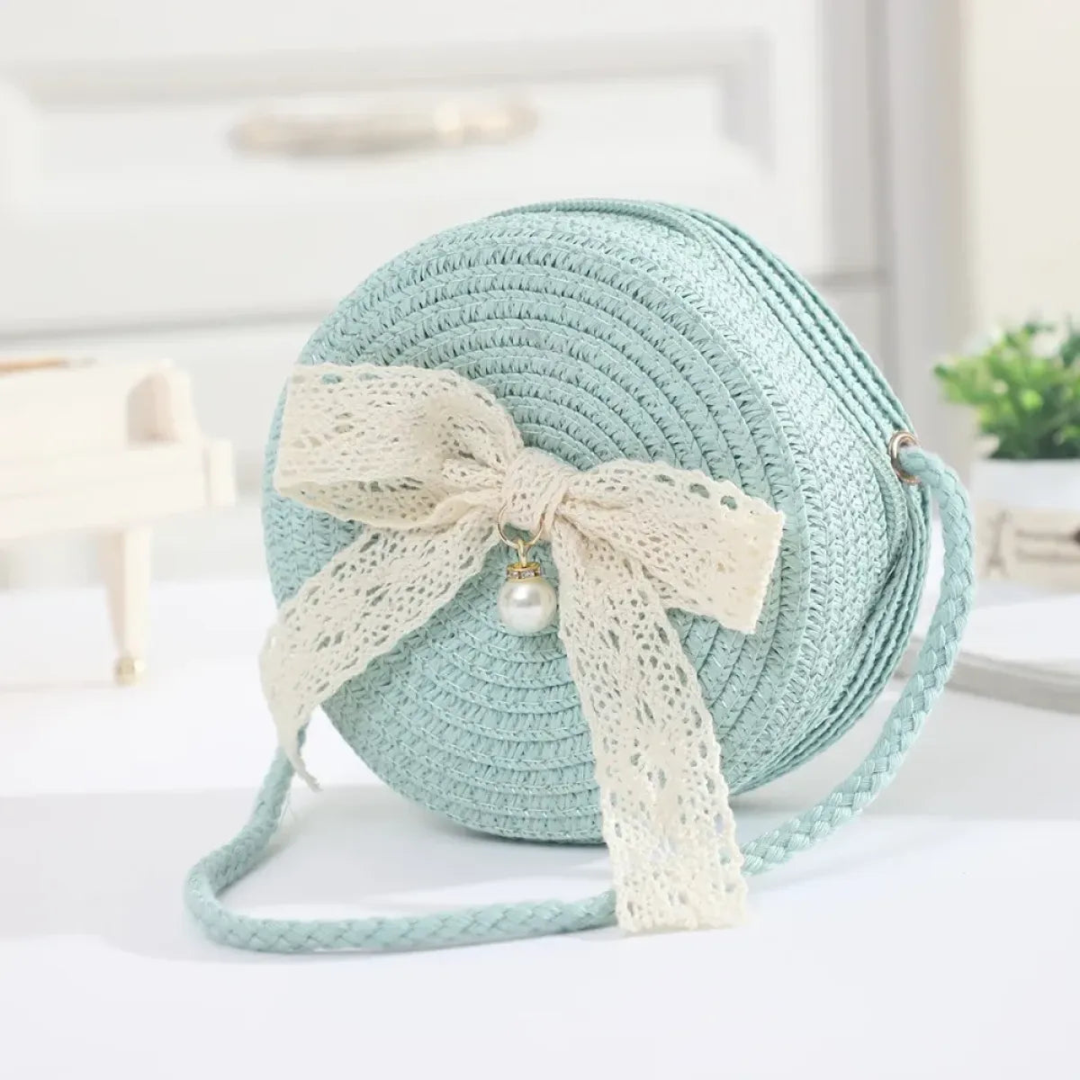 Round Straw Crossbody Bag With Lace Bow - Accessories - Crossbody Bag - 1