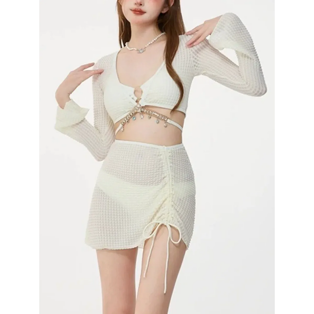 Ivory Mesh Chain Bikini Set – Long Sleeve Lace-Up Beachwear - Best Sellers - Swimwear - 1