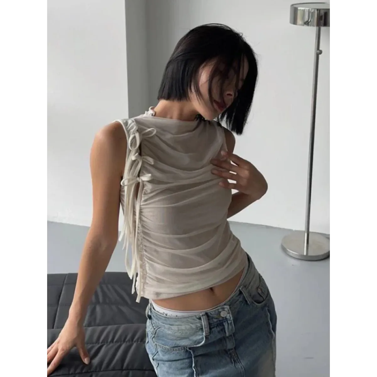 Lace-Up Mesh Ruched Tank Top - Best Sellers - Tank Top / Cami - 1