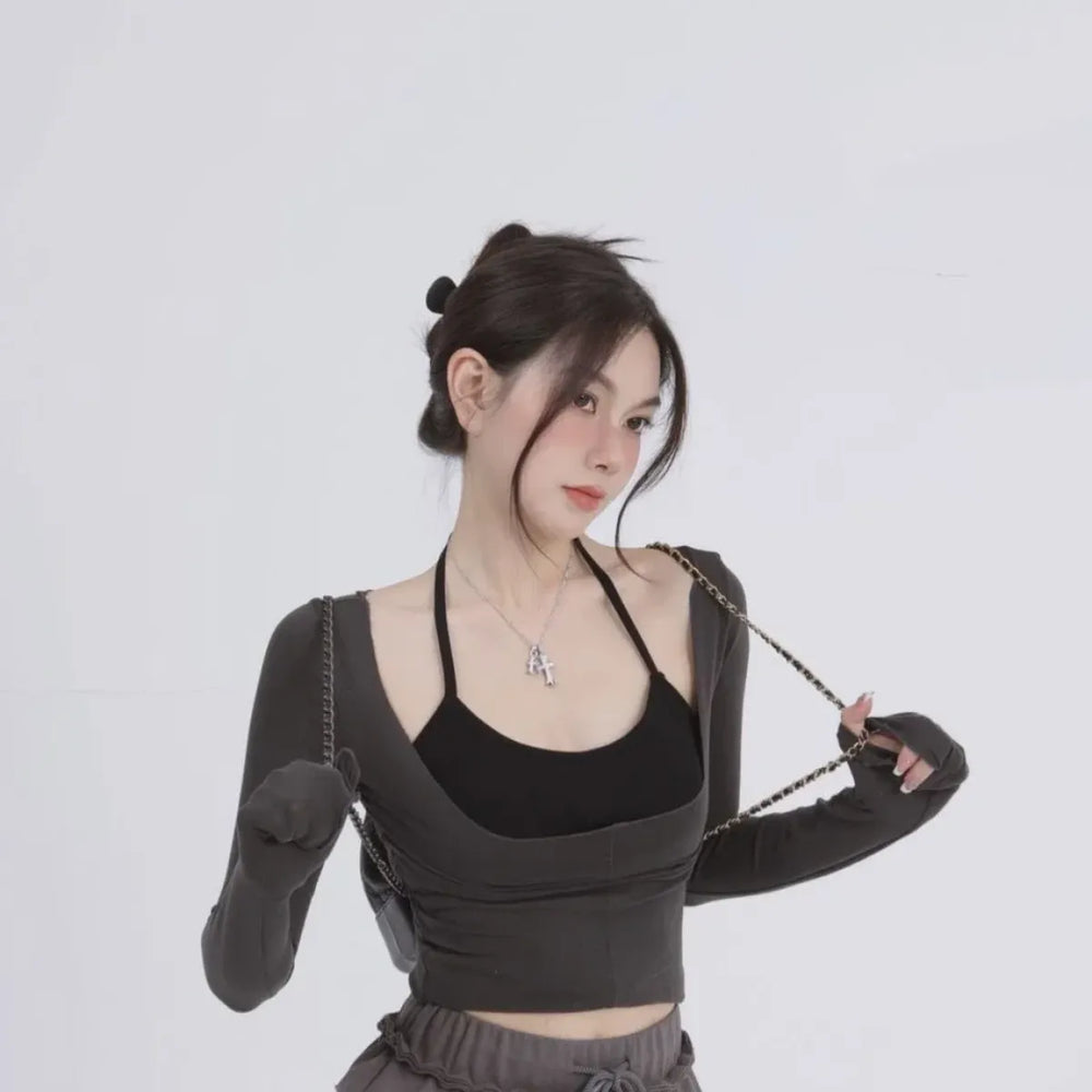 Aesthetic Halter Two-Piece Set - Harajuku Long Sleeve Tee - Best Sellers - 1