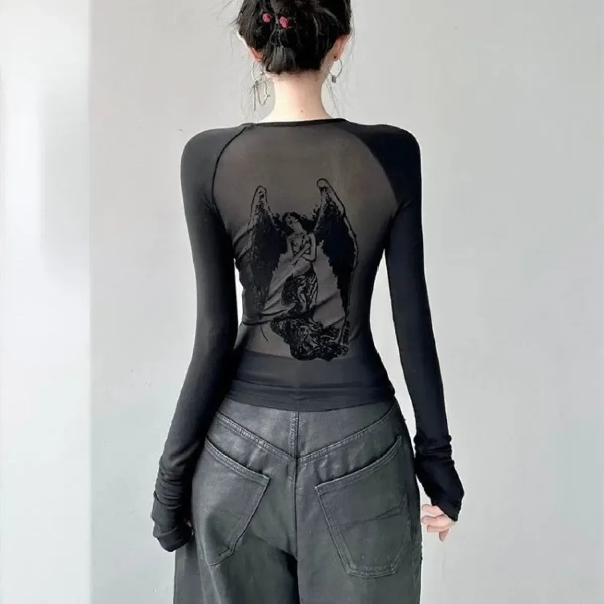 Black Sheer Angel Print Slim Long Sleeve Tee - Best Sellers - T-Shirt - 1