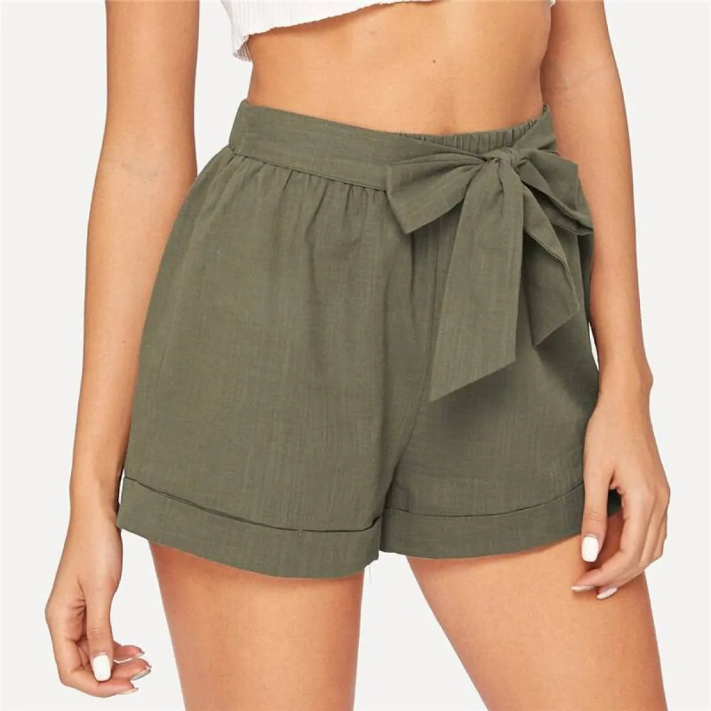 Women’s Elastic Waist Belted Army Green Shorts - Best Sellers - 1