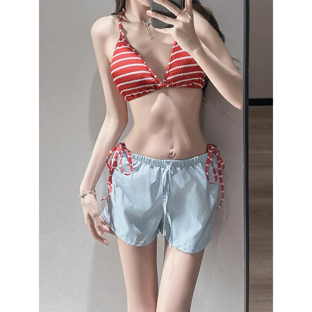 Striped Halter Bikini Set with Beach Shorts - Best Sellers - Swimsuits - 6