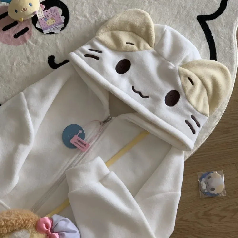 Beige Cutecore Cat Fleece Hoodie With Zipper - Best Sellers - Hooded - Women’s Hoodies - 1
