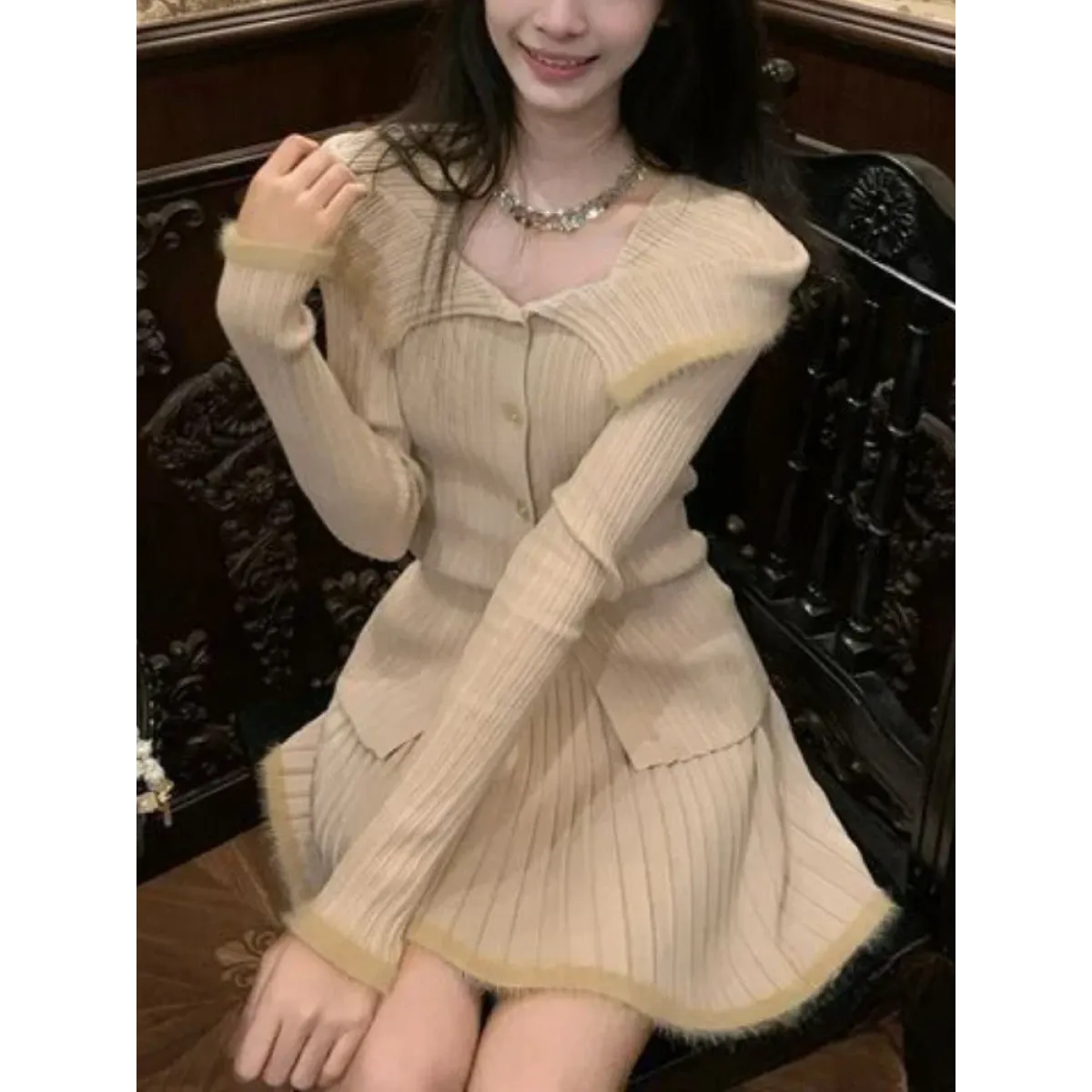 Beige Knit Two-Piece Set – Collared Cardigan & Pleated Skirt - Best Sellers - Long - Other - Sets - 1