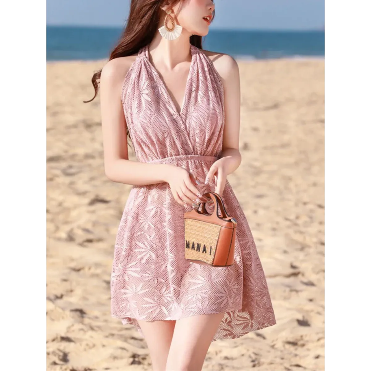 Pink Korean Lace-Up Bikini Set with Cover-Up - Best Sellers - Swimsuits - 5