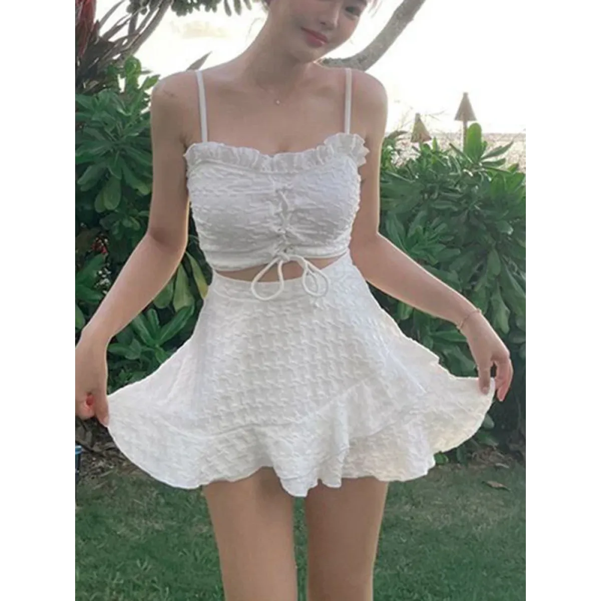 White Ruffled Halter Bikini Set with Beach Skirt - Best Sellers - Swimsuits - 5