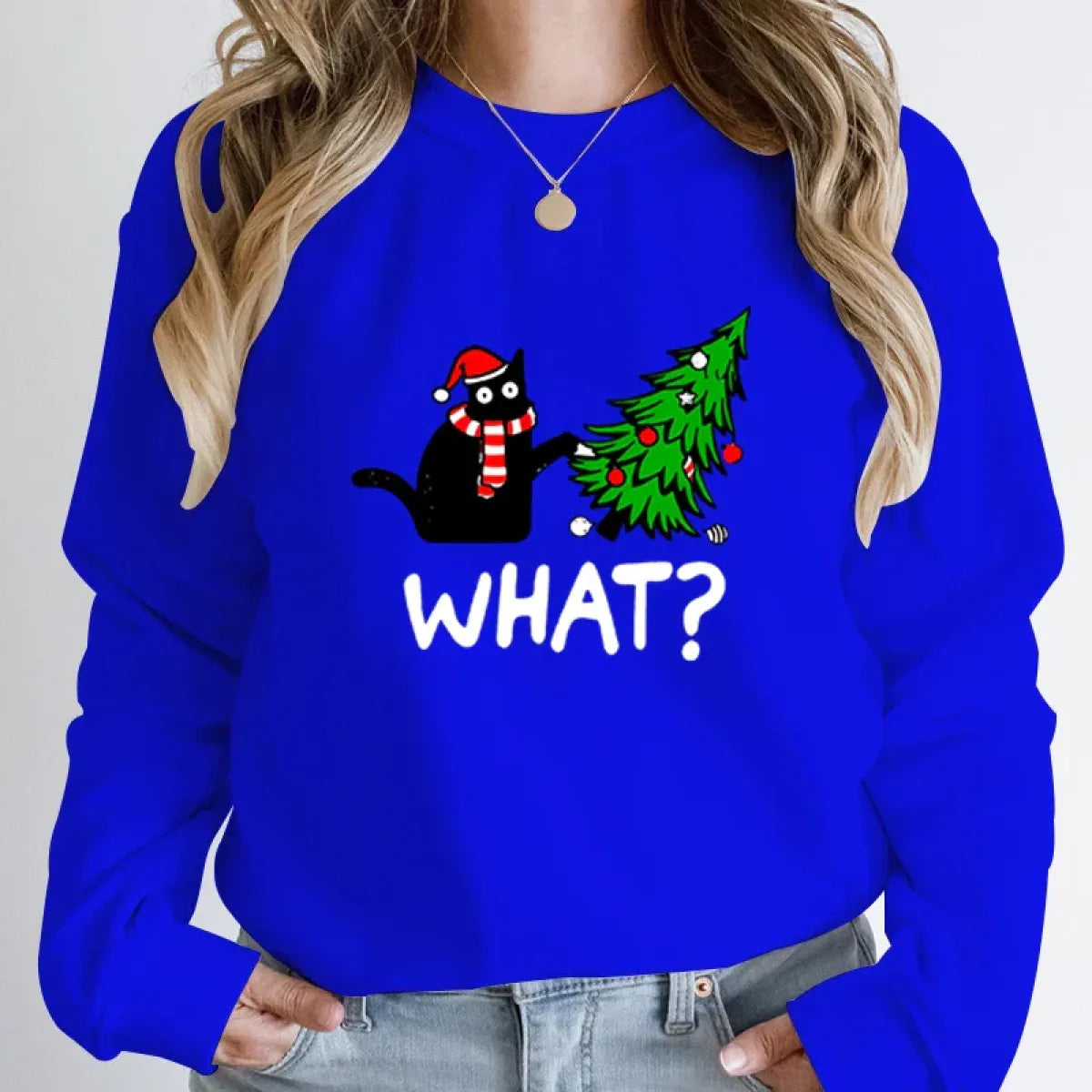’What?’ Black Cat Christmas Tree Sweatshirt - Accessories - Round - Sweaters - 7