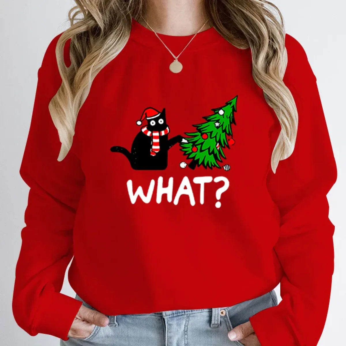 ’What?’ Black Cat Christmas Tree Sweatshirt - Accessories - Round - Sweaters - 1