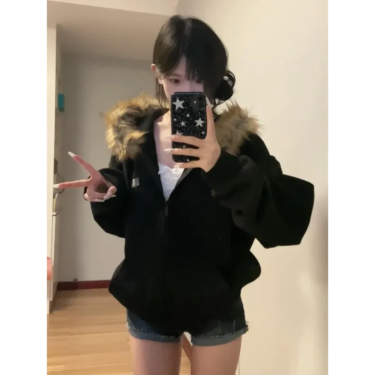 Black Faux Fur Hooded Zip-Up Jacket – Oversized Harajuku Style - Best Sellers - Long - Hooded - Women’s Jackets - 1