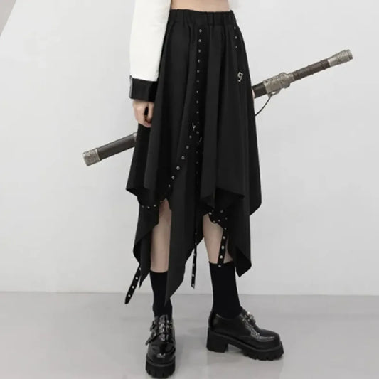 Black Irregular Hem Gothic Punk Skirt – Buckle Straps & Studded Details - Best Sellers - Skirts - 7