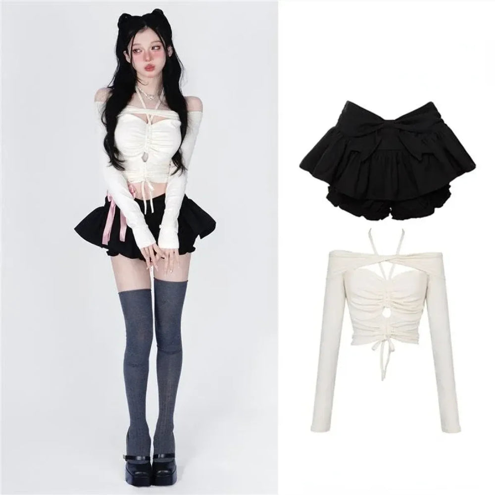 Off-Shoulder Crop Top & Black Mini Skirt Set – Kawaii Y2K - Best Sellers - Long - Off-Shoulder - Clothing Sets - 1