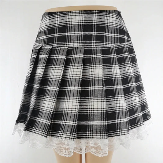 Red Black Plaid Lace Gothic Punk Skirt – Pleated Y2K Harajuku Style - Best Sellers - Skirts - 3