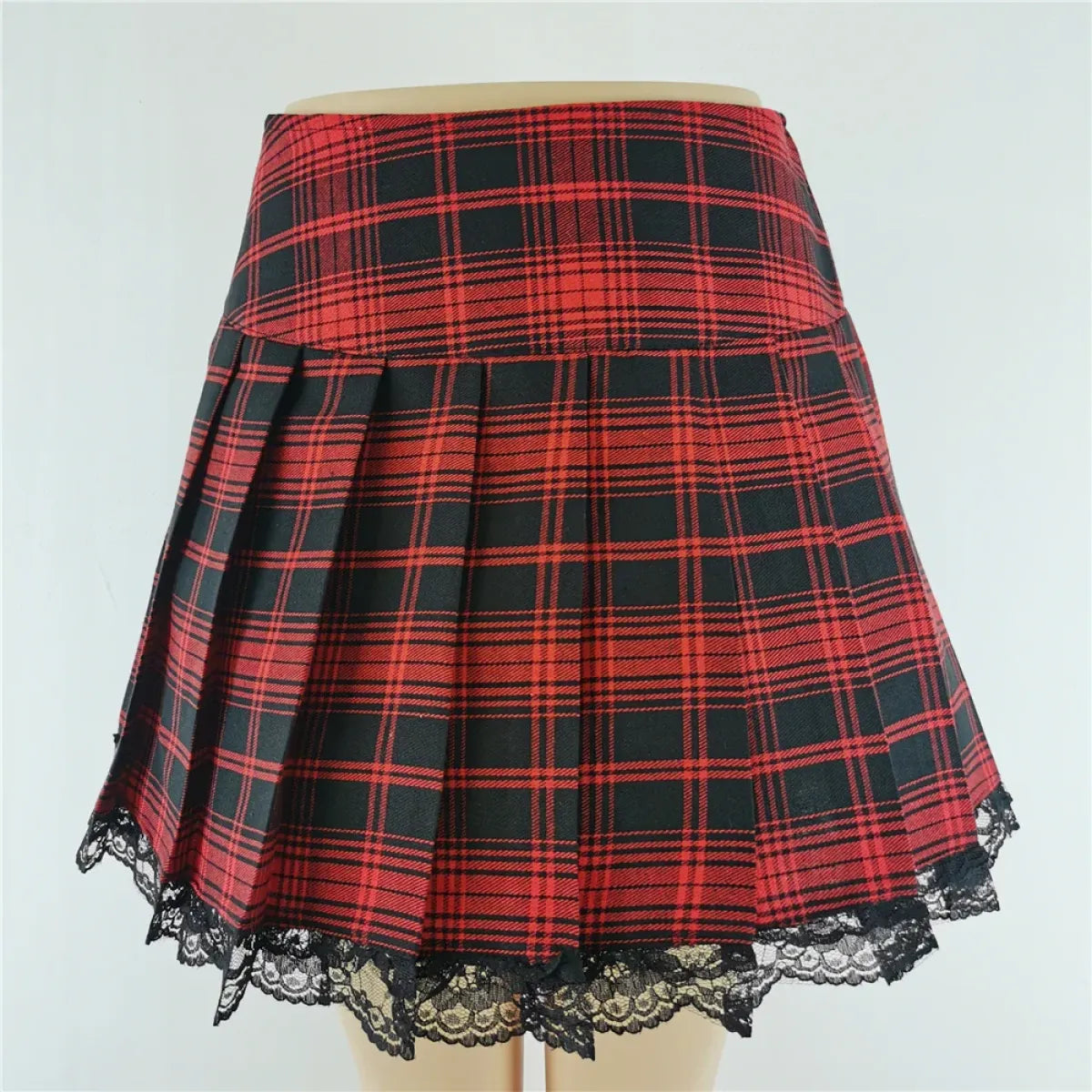 Red Black Plaid Lace Gothic Punk Skirt – Pleated Y2K Harajuku Style - Best Sellers - Skirts - 1