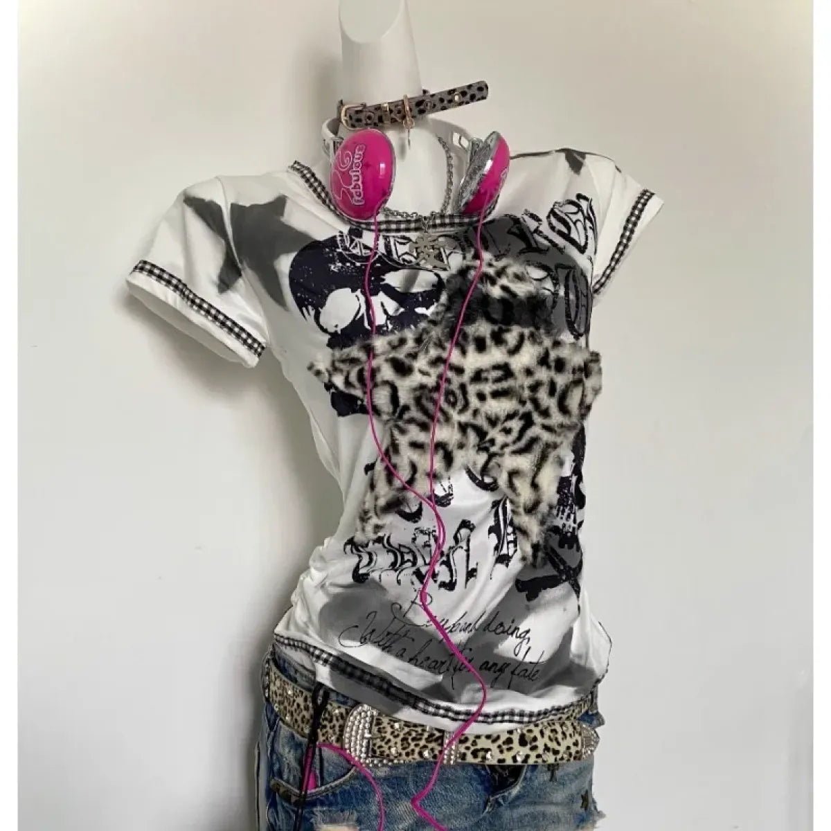Y2K Punk Tee – Leopard Print Patchwork & Skull Graphic - Best Sellers - Short - Round - T-Shirts - 1