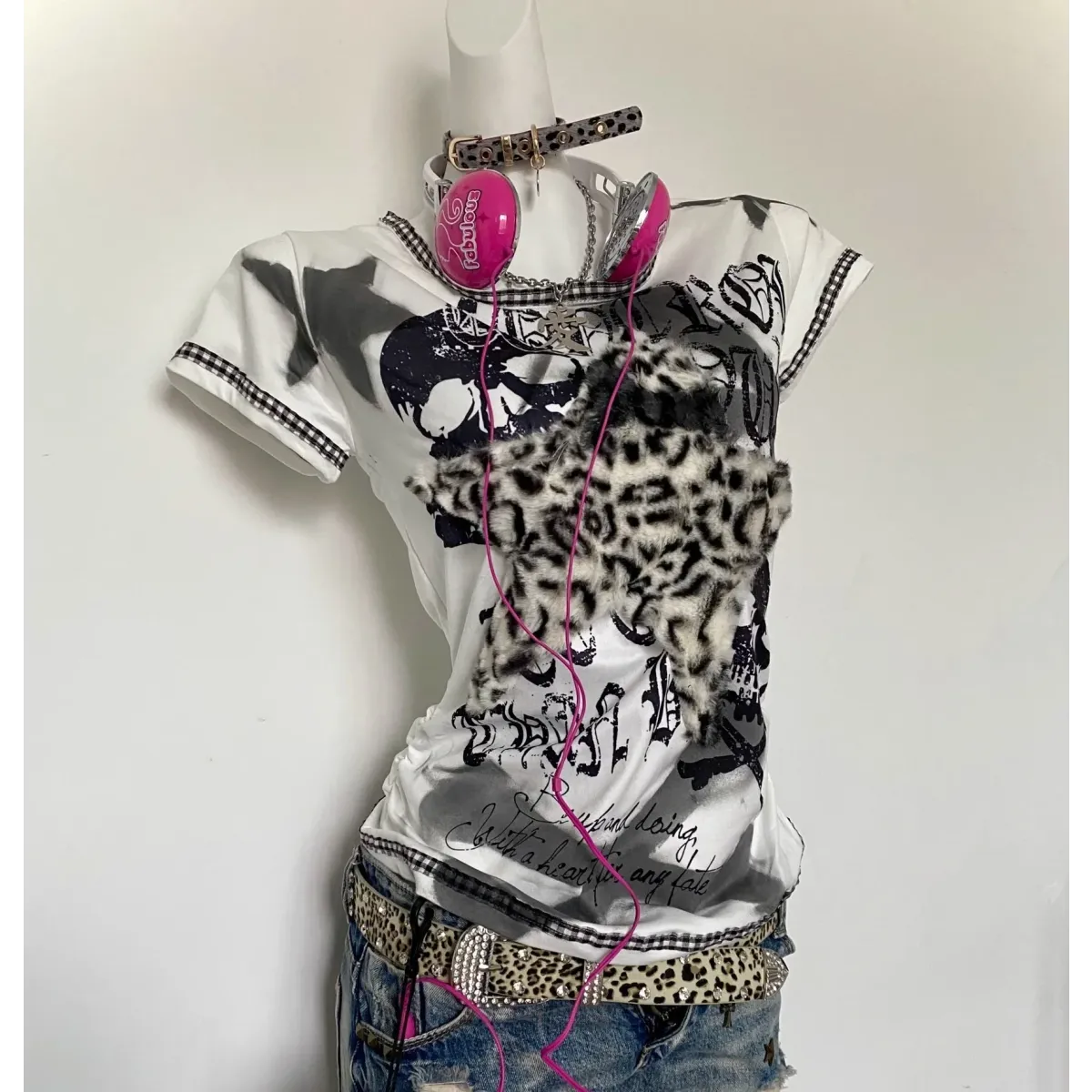 Y2K Punk Tee – Leopard Print Patchwork & Skull Graphic - Best Sellers - Short - Round - T-Shirts - 4