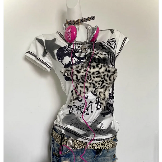 Y2K Punk Tee – Leopard Print Patchwork & Skull Graphic - Best Sellers - Short - Round - T-Shirts - 4