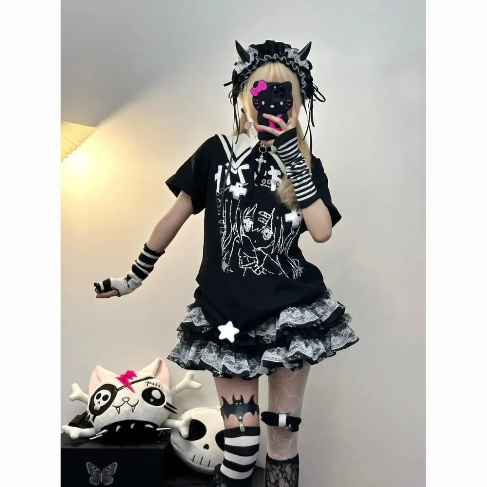 Y2K Punk Lace Mini Skirt – Gothic Layered A-Line Skirt - Best Sellers - Short - Skirts - 1
