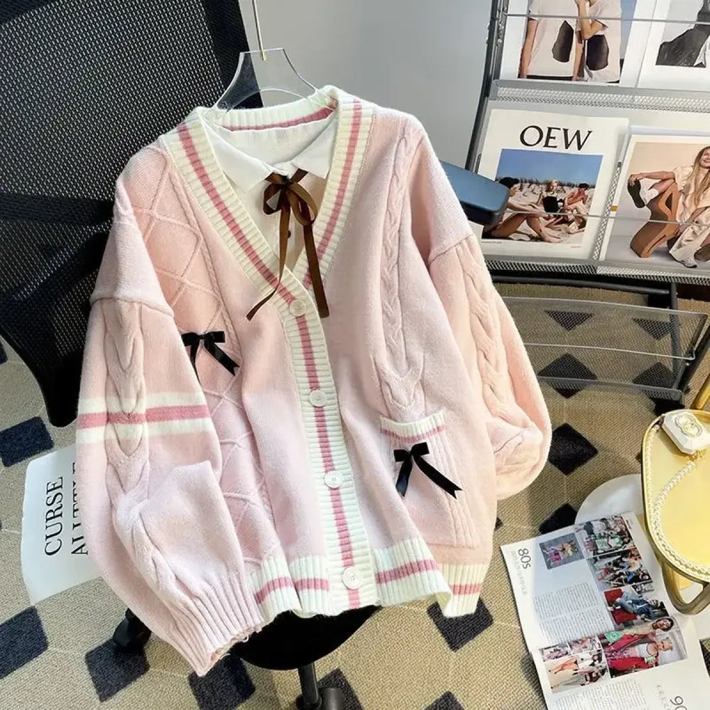 Bow Knit Cardigan – Kawaii Preppy Lolita Sweater - Best Sellers - V-neck - Cardigans - 1