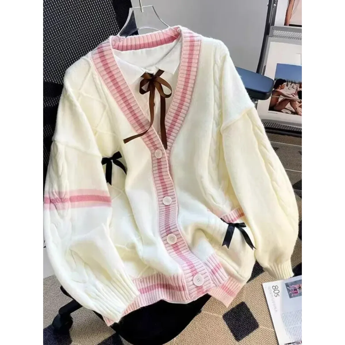 Bow Knit Cardigan – Y2K Aesthetic Contrast Trim Sweater - Best Sellers - Long - V-neck - Cardigans - 1