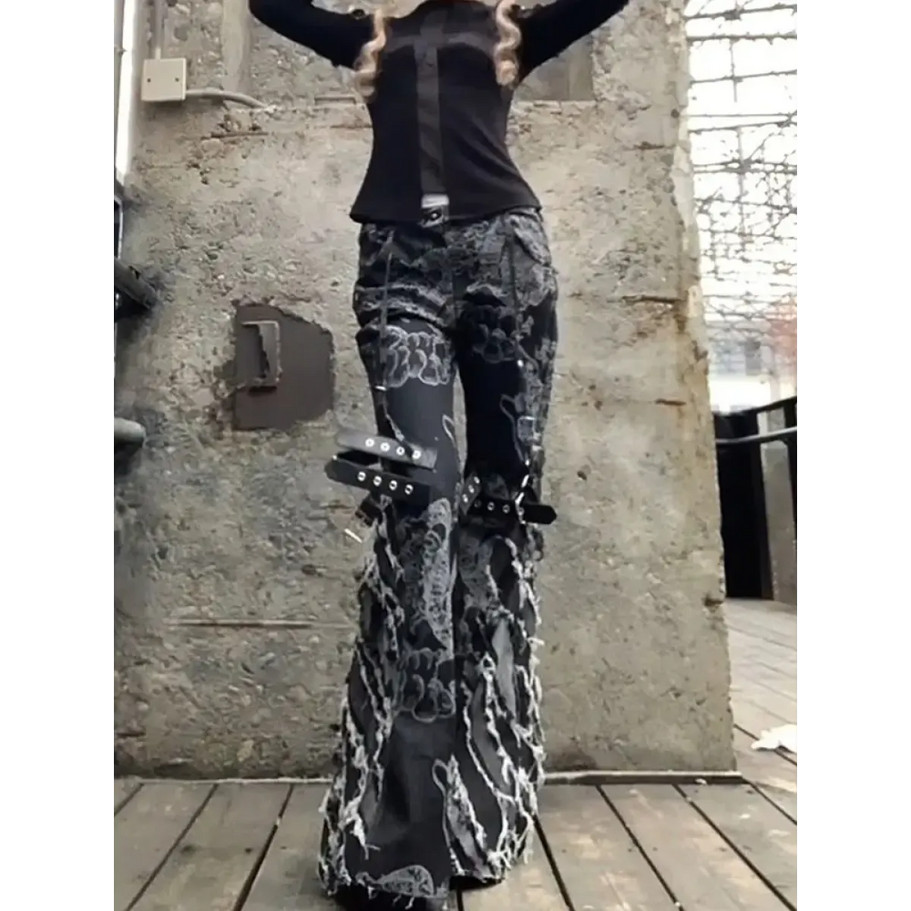 Gothic Y2K Flare Ripped Strap Jeans - Best Sellers - Jeans - 1