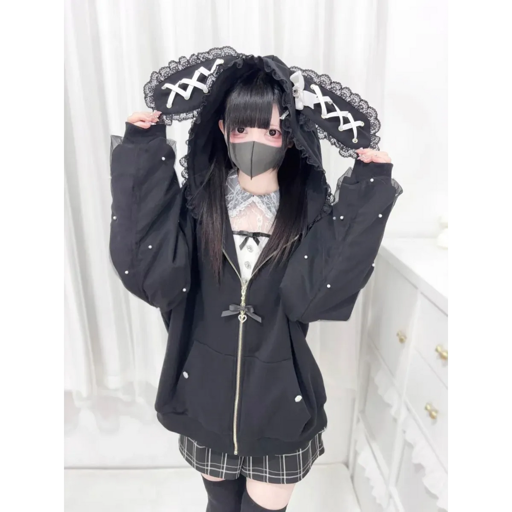 Kawaii Bunny Ear Lace-Up Hooded Zip Jacket - Best Sellers - Hoodie - 1