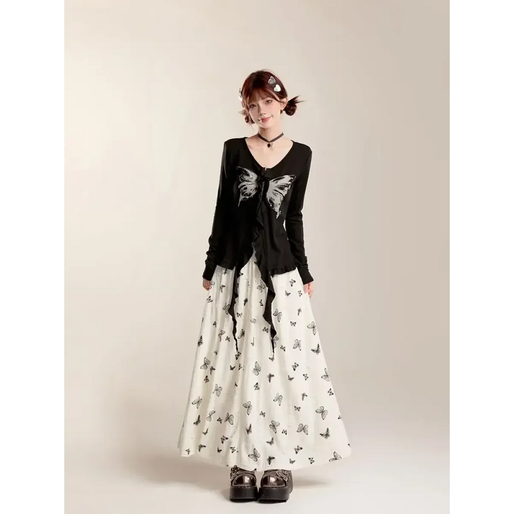 Fairycore Butterfly Print Ruffle Maxi Skirt - Best Sellers - Skirts - 1