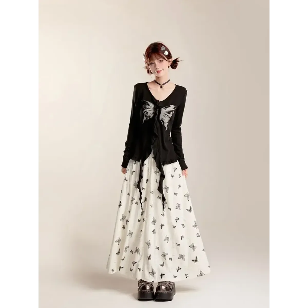 Fairycore Butterfly Print Ruffle Maxi Skirt - Best Sellers - Skirts - 1